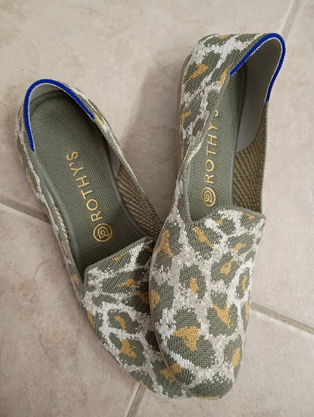 Rothy's Olive and Mustard Leopard Knit Slip-Ons